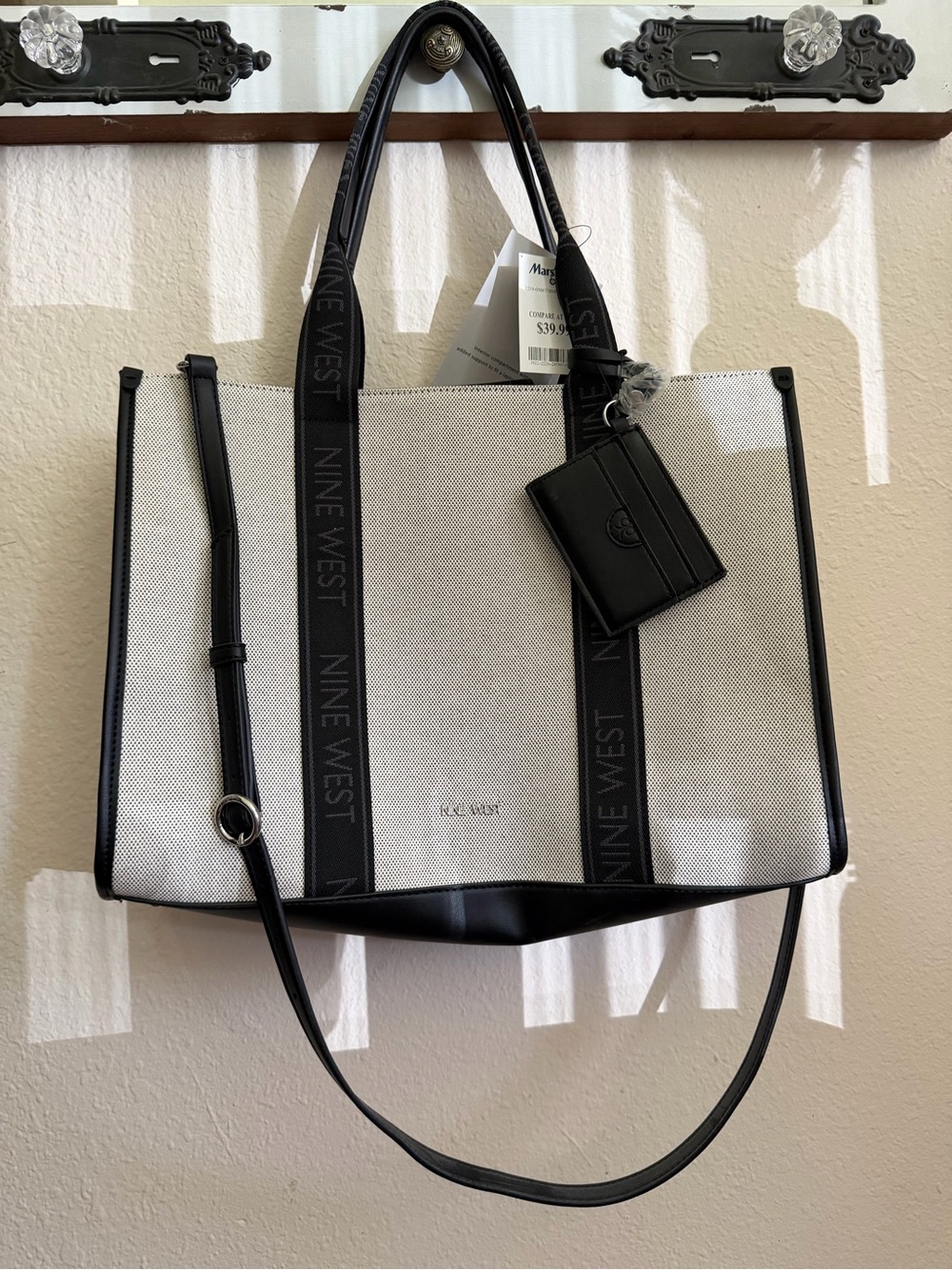 Nine West Black & Cream Canvas Signature Tote with Card Holder